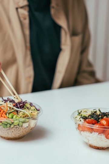 two people eating healthy food